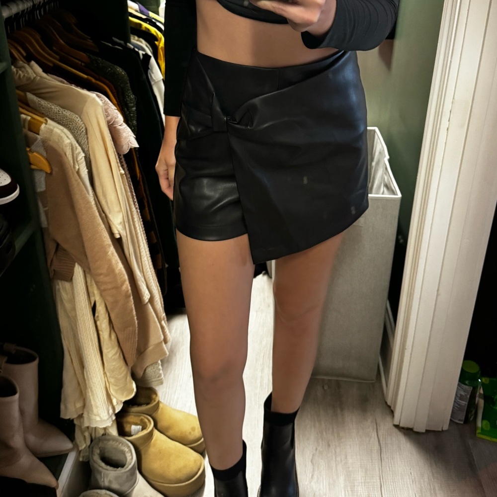 Alya Black Asymmetric Faux Leather Skort